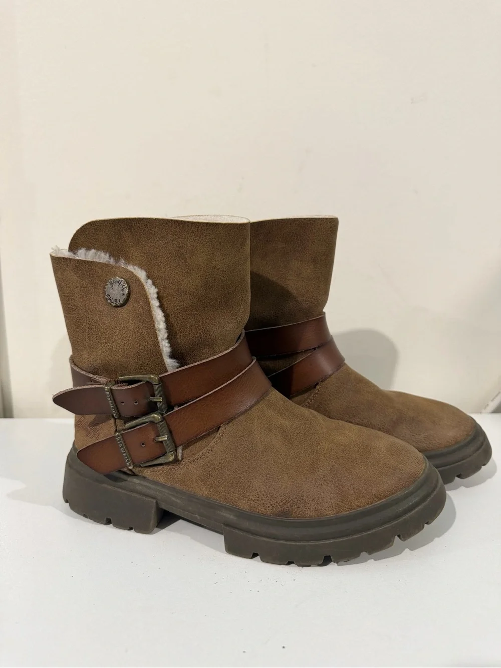 Girls Brown Faux-Suede Buckle Ankle Boots with Shearling Lining Size 3